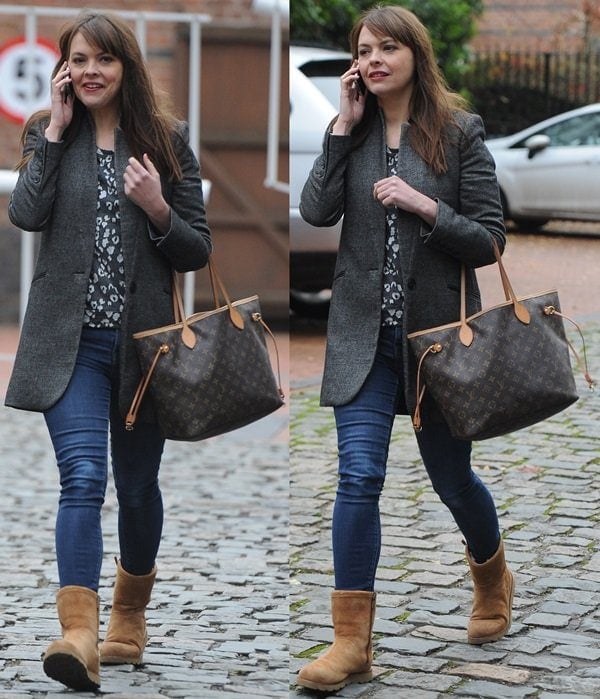 Kate Ford wears uggs with jeans outside Granada Studios in Manchester