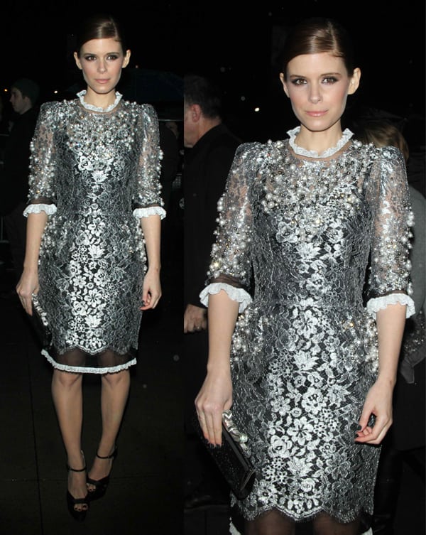 Kate Mara dazzles in a silver floral Dolce & Gabbana dress with sheer sleeves and scalloped hem, paired with classic black ankle-strap heels at the House of Cards premiere in New York on January 30, 2013