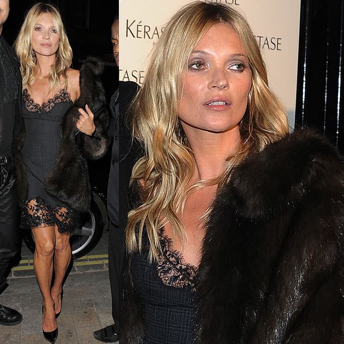 Kate Moss embracing the lingerie-as-dress trend in Louis Vuitton at the L'Oreal Kerastase Paris event, One Mayfair, London, March 11, 2013