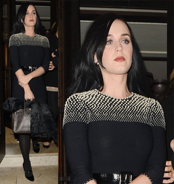 Katy Perry wearing well-heeled Mary Janes and a brown Hermès Kelly bag
