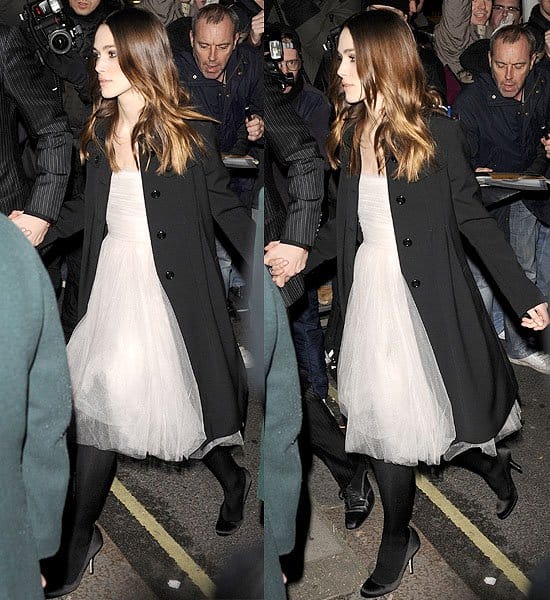 Keira Knightley in an off-white Chanel dress arriving at Finch & Partners' Pre-BAFTA Party
