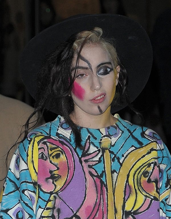 Lady Gaga wearing a Picasso-inspired outfit outside her hotel in London on December 6, 2013
