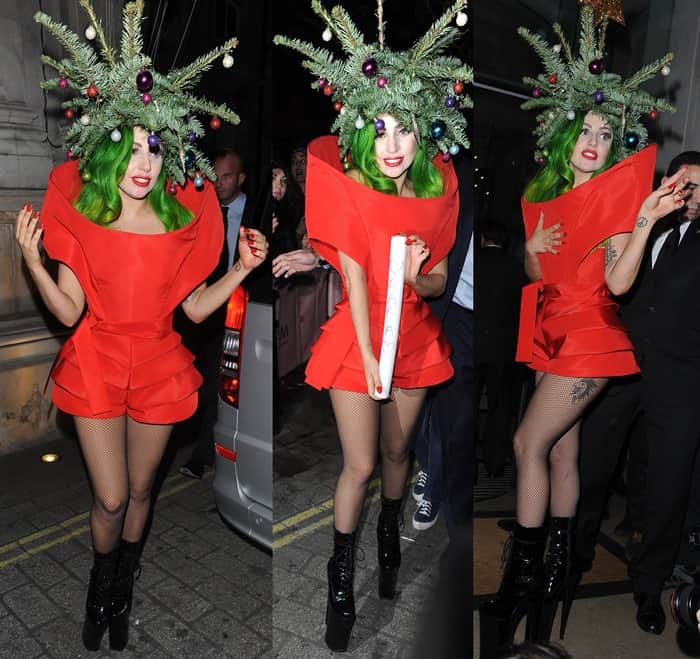 Lady Gaga arriving back at her hotel dressed as a Christmas tree after returning from the Jingle Bell Ball