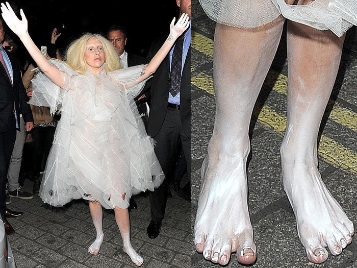 Lady Gaga steps out barefoot on the streets of London, wearing a bold, ethereal look complete with painted white feet to match her avant-garde ensemble