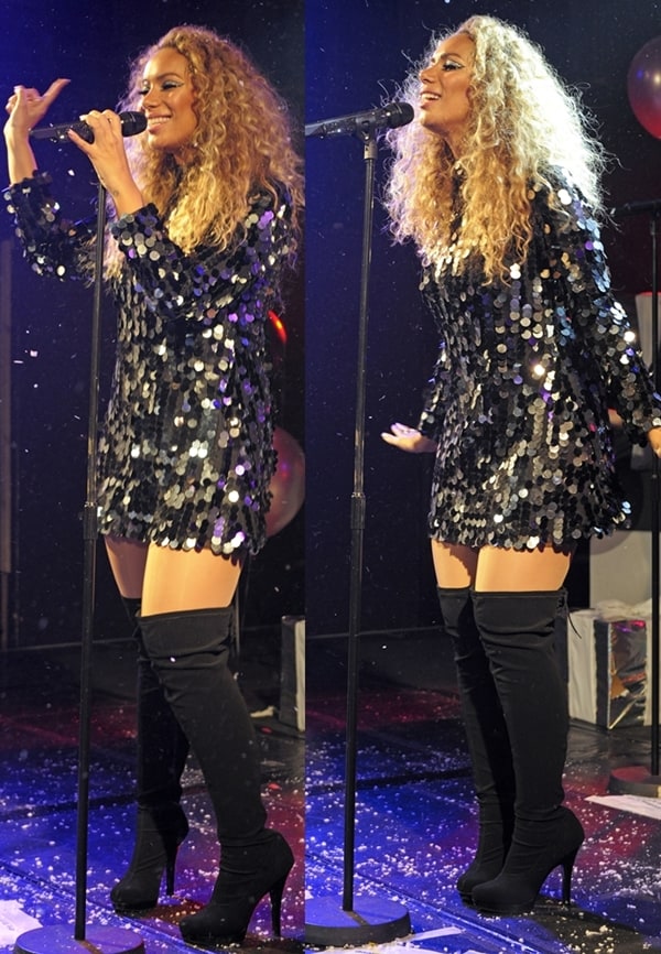 Leona Lewis performing live in thigh-high platform boots