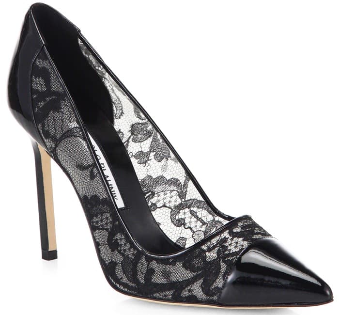 Manolo Blahnik Black Pacha Lace Patent Leather Pumps