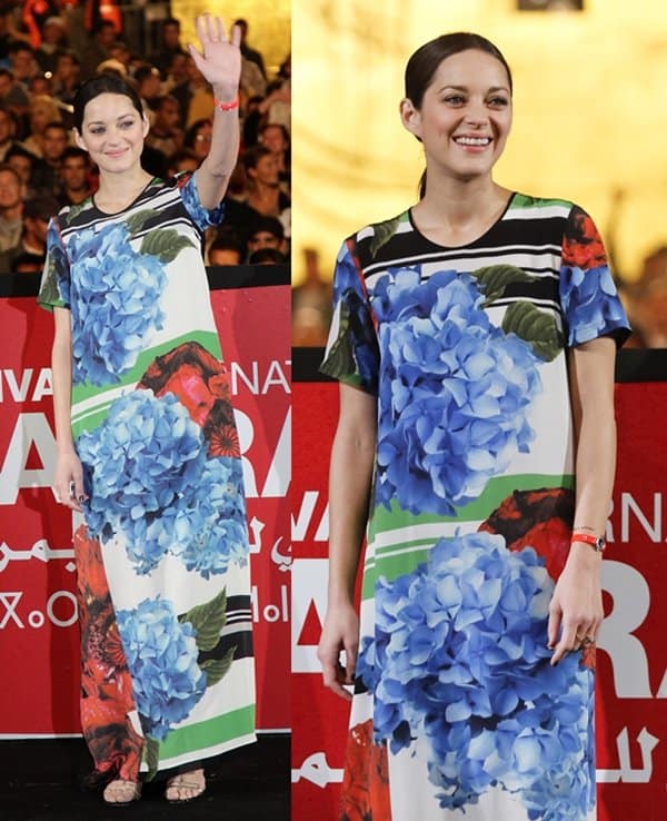Marion Cotillard in a floral Preen dress at the 13th Marrakech International Film Festival on December 5, 2013