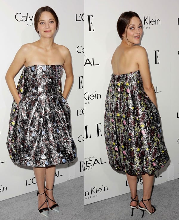 Marion Cotillard exudes playful elegance in a structured metallic strapless Dior dress with a voluminous silhouette and pointed ankle-strap heels at ELLE’s 20th Annual Women in Hollywood Celebration on October 22, 2013