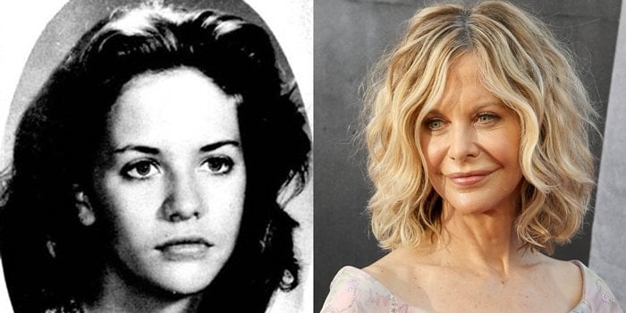 Before and after rumored plastic surgery: Meg Ryan at the 45th AFI Life Achievement Award honoring Diane Keaton in June 2017, compared to her 1979 yearbook photo from Bethel High School