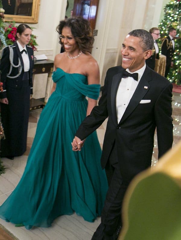 Michelle Obama dazzles in an emerald green Marchesa dress at the 2013 Kennedy Center Honors