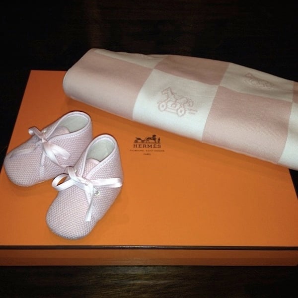 Nori's new Hermes booties and blanket