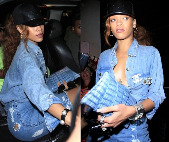 Rihanna leaving the Miu Miu clothing store with a crocodile wrap around clutch by Juliette Jake