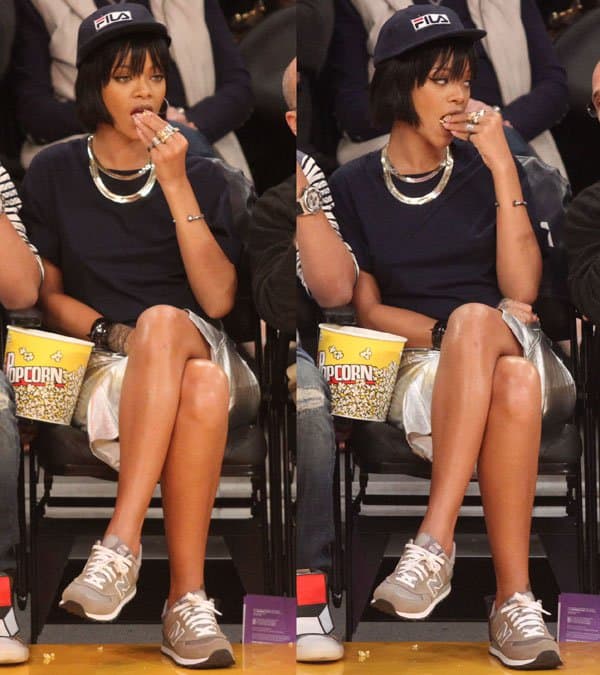 Rihanna flaunted her legs in a space-age style silver skirt from Jonathan Simkhai