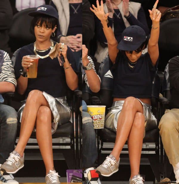 Rihanna has a great time at the Portland Trail Blazers at Los Angeles Lakers NBA basketball game at Staples Center