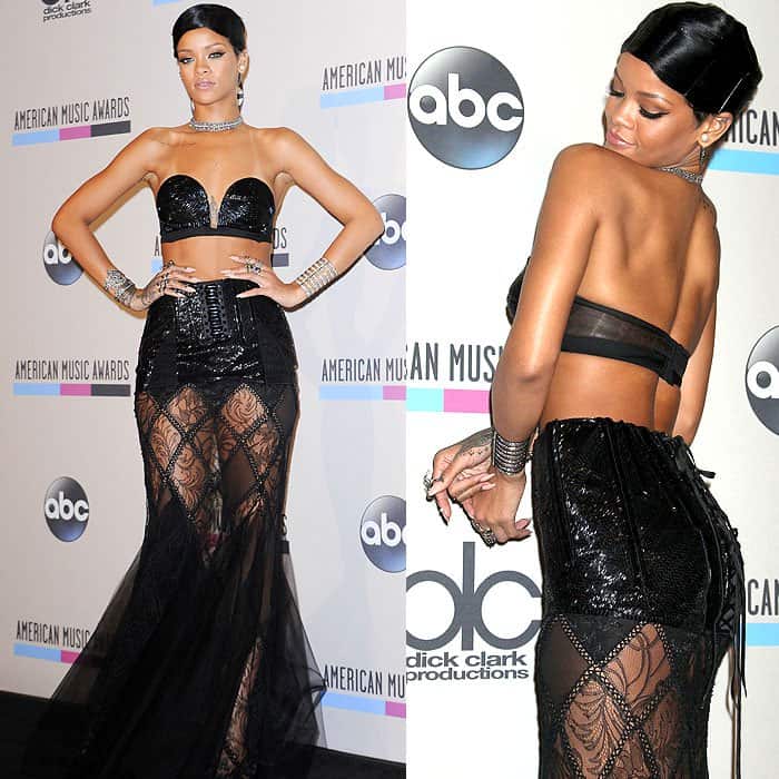 Rihanna exuding confidence in a Jean Paul Gaultier gown at the 2013 American Music Awards, Nokia Theatre, Los Angeles, November 25, 2013