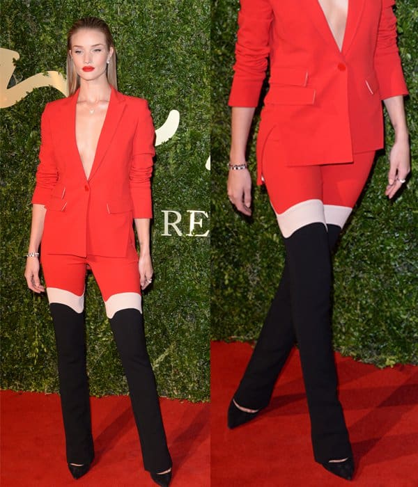 Rosie Huntington-Whiteley's pants feature a unique three-tone design creating an optical illusion