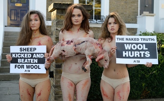 Models from animal rights group PETA are body painted to look bruised and bloodied with one holding a dead lamb at the start of UK Wool Week