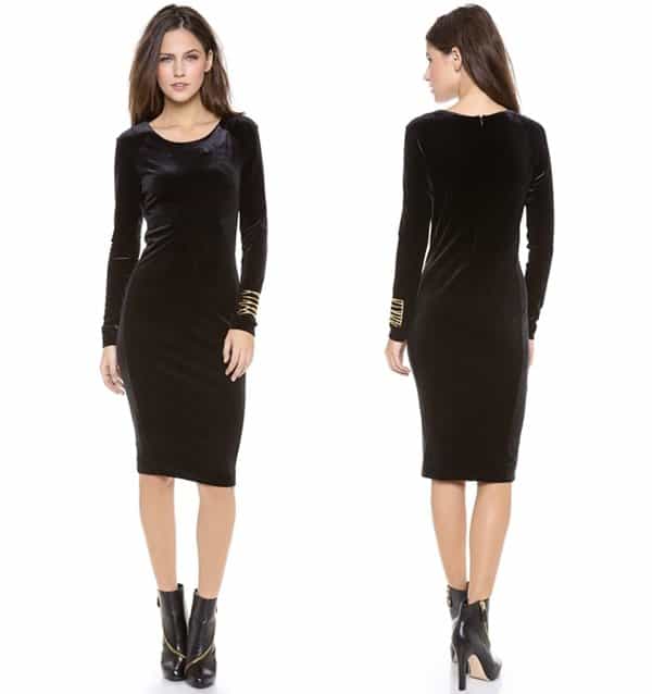 An elegant black midi dress styled in velvet with a touch of stretch