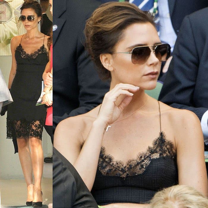 Victoria Beckham looking elegant in a Louis Vuitton slip dress at the Men's Final Day of the Wimbledon Tennis Championship, London, July 7, 2013