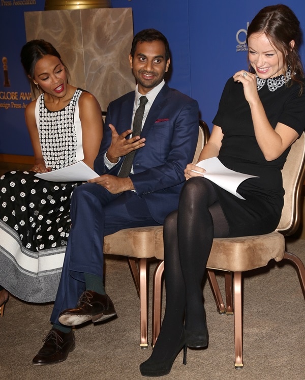 Joined by Olivia Wilde and Aziz Ansari for the much-anticipated event, Zoe Saldana wore a Sachin + Babi top and skirt, Red C jewelry, and Bruno Magli ankle-strap sandals