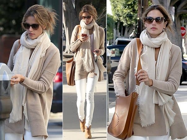 Alessandra Ambrosio wears a cream-colored neck warmer