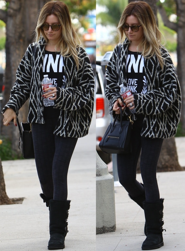 Ashley Tisdale wears black UGG Bailey Button Triplet boots with jeans in Studio City