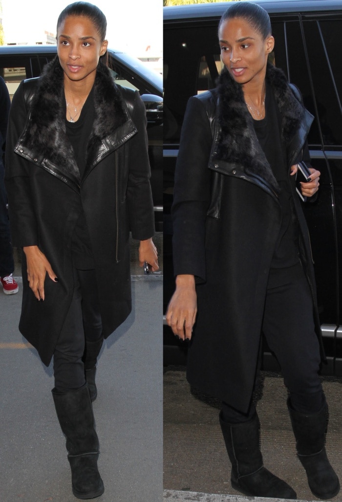 Ciara was spotted at Los Angeles International Airport on January 8, 2016, looking effortlessly stylish in an all-black ensemble featuring black UGG Classic Tall boots, skinny jeans, and a chic fur-trimmed coat