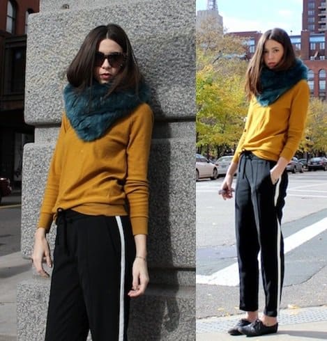 Emily Lane wears her green scarf with a bright mustard sweater as she keeps the rest of our outfit in classic black