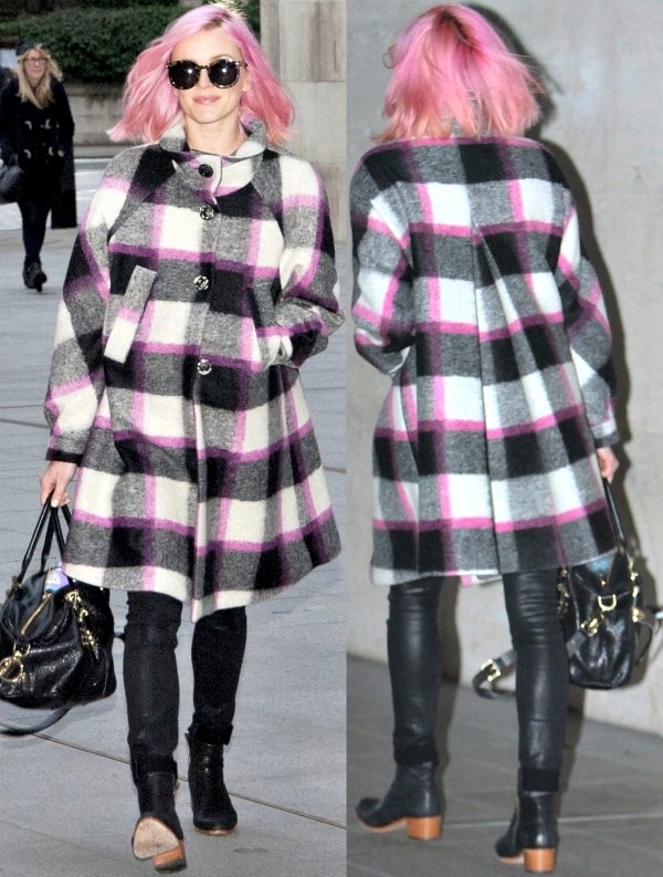Fearne Cotton with bubblegum pink hair and a checkered coat with pink details