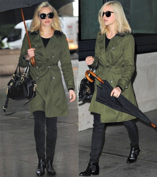 Fearne Cotton in an olive green trench coat from her own fashion line