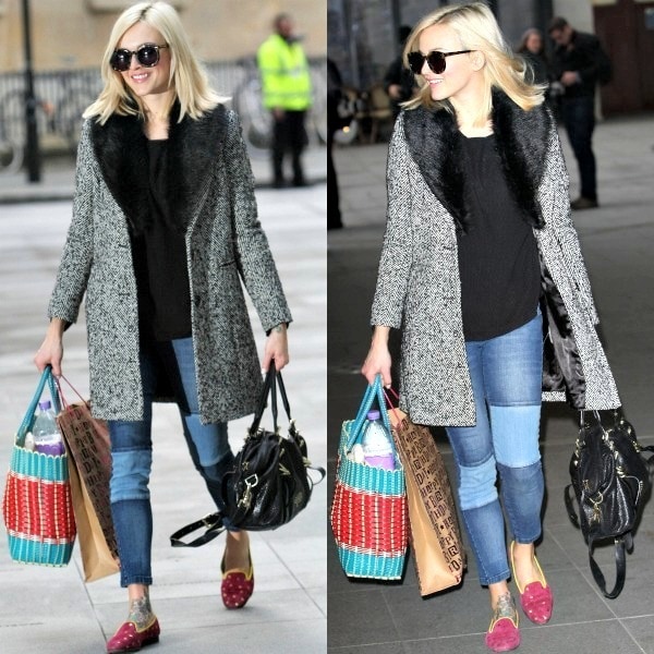 Fearne Cotton in a glamorous herringbone coat with a faux fur collar