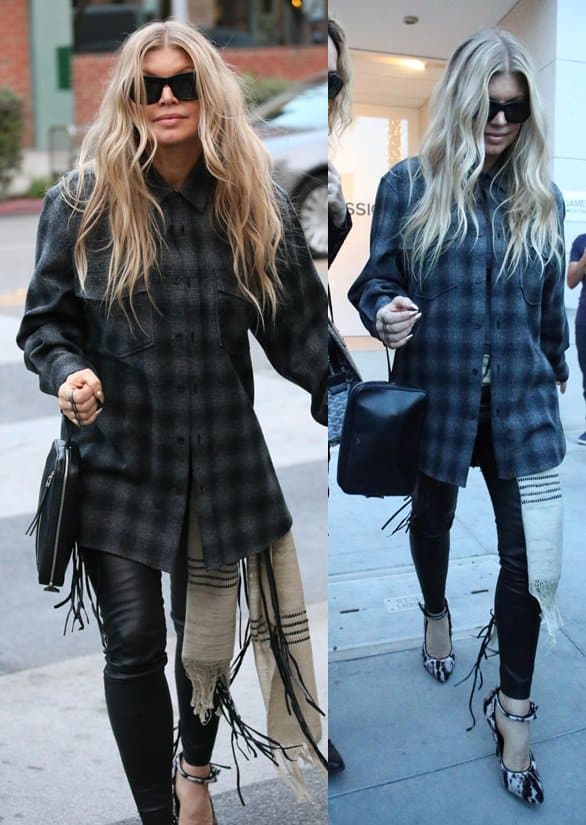Fergie rocks a fringed scarf belt paired with leather skinnies and a checkered shirt while Christmas shopping at James Pearce in Beverly Hills on December 17, 2013