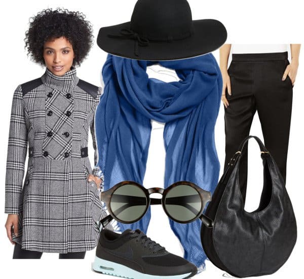 Scarf: Echo Modal & Silk Scarf, $118 Coat: GUESS Houndstooth Plaid Coat, $125.96 Pants: Topshop Satin Track Pants, $84 Shoes: Nike 'Air Max Thea' Sneaker, $90 Hat: Collection XIIX Floppy Wool Felt Hat, $48 Sunglasses: Quay 50mm Round Sunglasses, $38 Bag: French Connection Double Handle Hobo, $48.98