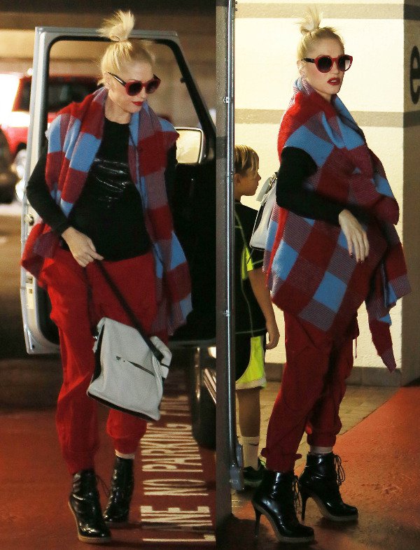 Gwen Stefani in a fuzzy plaid wrap leaving a medical building in Los Angeles