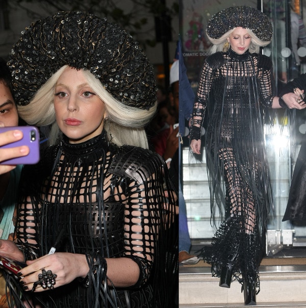 Lady Gaga's black leather outfit featuring a striking black headdress reminiscent of Renaissance fashion