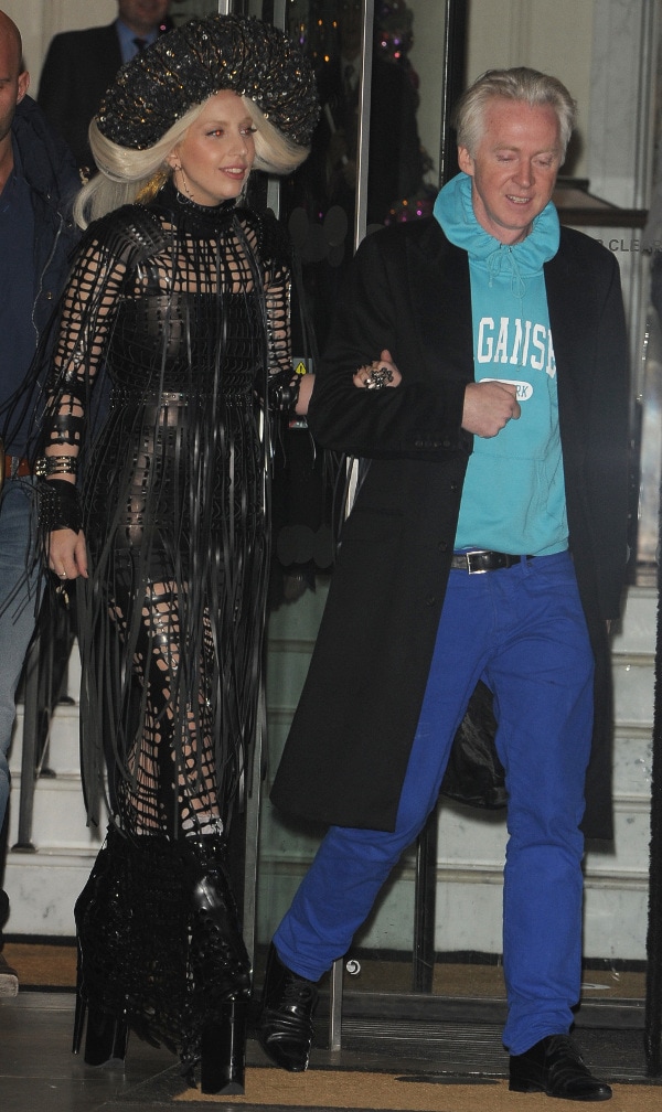 Lady Gaga and Philip Treacy stepping out of a hotel in London on December 7, 2013