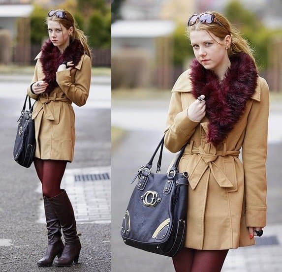 Lucy wears neutrals with her dark red leggings and matching Bordeaux-hued fur scarf