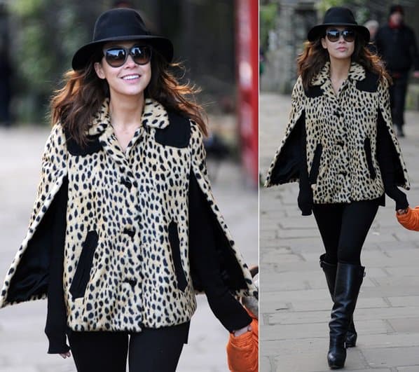 Myleene Klass wears a cheetah print cape