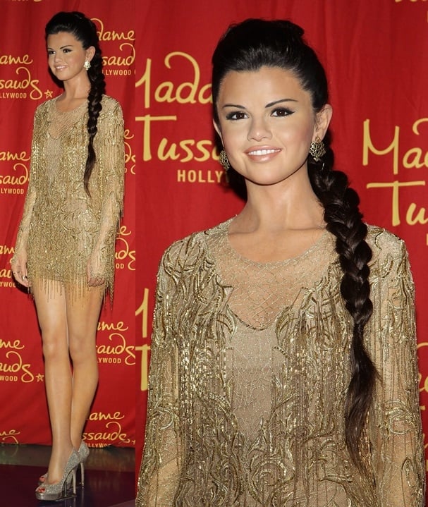 The Selena Gomez wax figure wearing Jimmy Choo heels and a Julien Macdonald dress unveiled at Madame Tussauds Hollywood on December 19, 2013