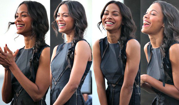 Zoe Saldaña captured on the set of 'Extra' at Universal CityWalk, Universal City, California, December 2, 2013