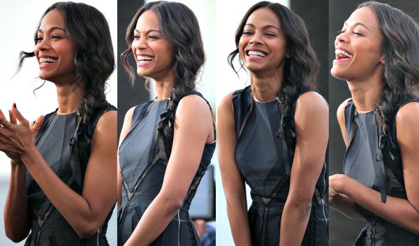 Zoe Saldana captured on the set of 'Extra' at Universal CityWalk, Universal City, California, December 2, 2013