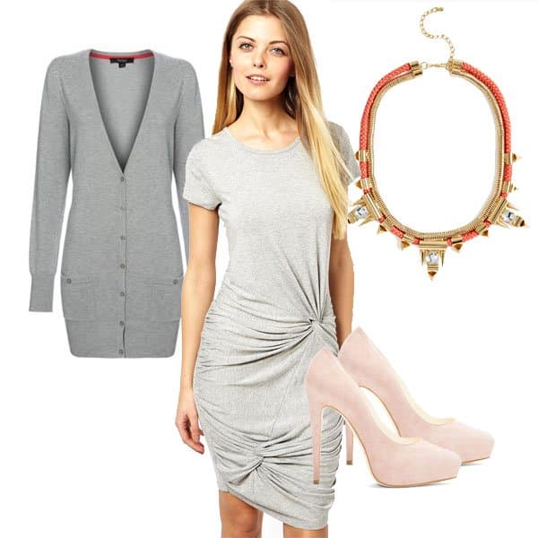 Knotted dress with cardigan, necklace, and pumps
