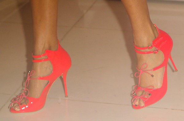 Alesha Dixon's feet in bright pink Sophia Webster sandals