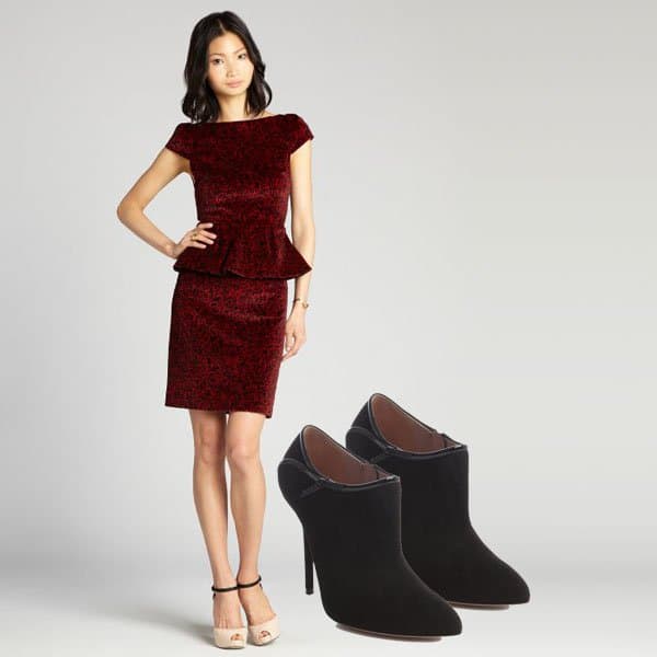 Red rose print velvet dress with ankle booties