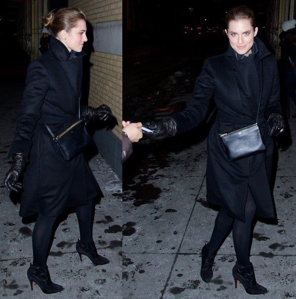 Allison Williams arrived wearing a black coat paired with thick black tights, chic Christian Louboutin booties, and tasteful jewelry by Jennifer Fisher