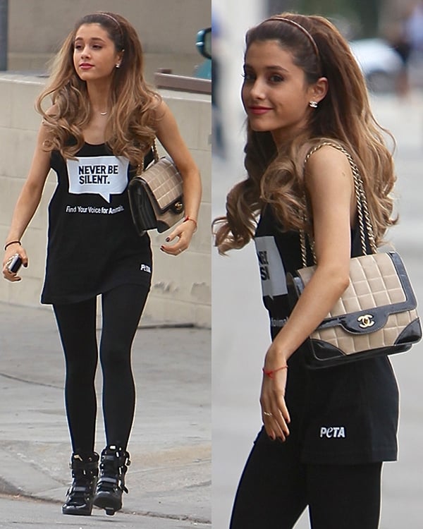 Ariana Grande wearing a PETA Never Be Silent tank top and black leggings