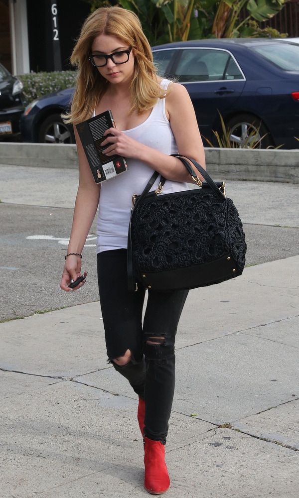 Ashley Benson makes a chic departure in ripped jeans from Andy LeCompte Salon, West Hollywood, March 20, 2013