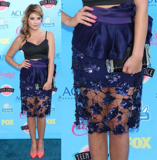 Ashley Benson dazzles at the 2013 Teen Choice Awards in a royal blue veil skirt with peplum details, a summer-perfect combination with a bustier top and coral pumps