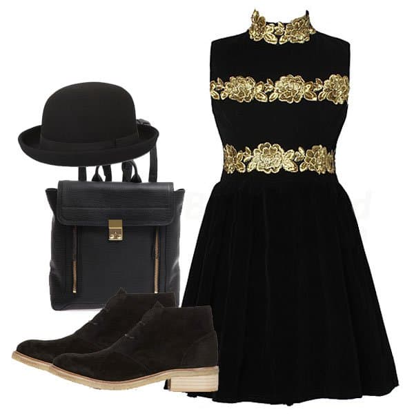 Cocktail corduroy pleated dress with hat, shoes, and backpack
