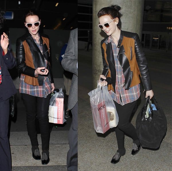 Carey Mulligan wore her tartan shirt with a leather jacket